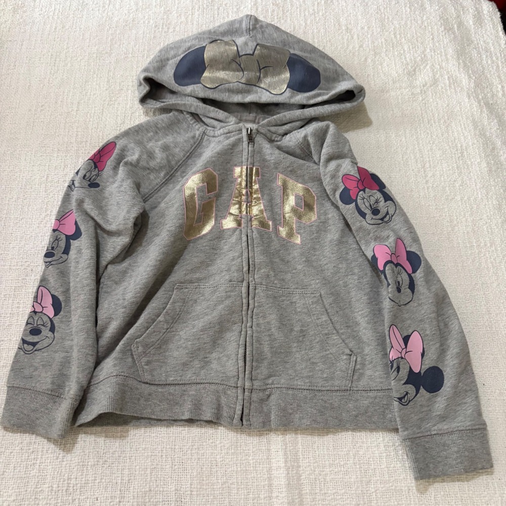 Gap Disney Minnie Mouse Girls Gray Zip Up Hoodie Sweatshirt Size 5T Gold Bow